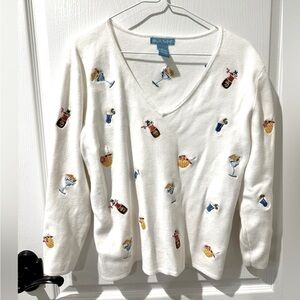 Alexander Bartlett Vintage White Vneck Sweater with Embroidered Cocktail Drinks